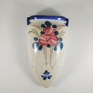 Vtg Hand Painted Japan 6 " Small Pink Blue Floral Flower Ceramic Wall Pocket Vase