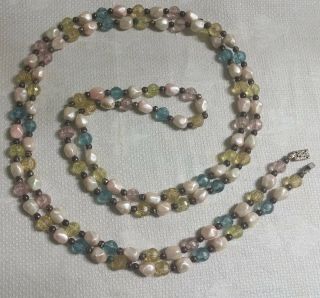 Vintage St Metal Faux Pearl Pink Yellow Blue Crystal Plastic Bead 60 " Necklace