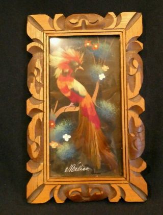 Vintage Mexican Feathercraft Bird Picture Folk Art Handmade Framed