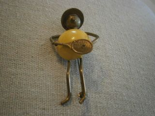 Vintage Hand Made Brass And Enamel Tennis Player Brooch Pin Yellow Belly Enamel