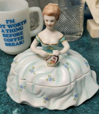 Limoges China Dresser Powder Box/jar Lady Figurine With Fan