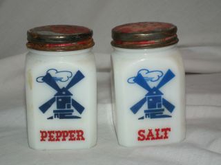 Vintage Hazel Atlas Milk Glass Salt Pepper Range Shakers Windmills Red Lid