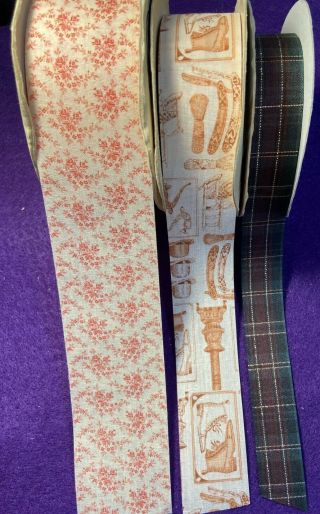 3 Spools Of Vintage Print Ribbon,  Pink Calico Floral Calico,  1920 