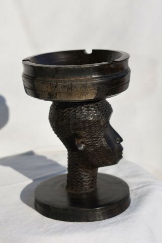 Vintage Hand Carved Pedestal Head Wood Ashtray Tiki Bar Lounge