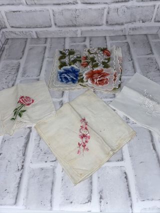 5 Vintage Women’s Handkerchief Hankies Embroidered Rose Floral Design