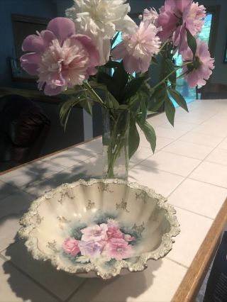 Antique Rs Prussia Ruffle Edge Bowl With Pink Roses And Luster Gold And Purple