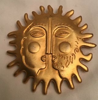 Vtg Maxine Denker Signed Runway Face Mask Sun Gold Tone Brooch Pin