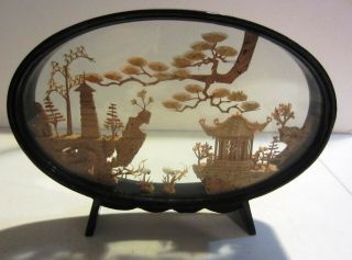 Vintage Oriental Carved Cork Art Cranes Diorama In Glass Shadow Box
