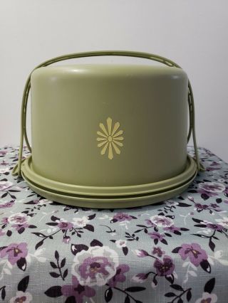 Vintage Tupperware Avocado Green Starburst Cake Carrier Plate Container