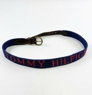 Vintage Tommy Hilfiger Belt Spellout Men’s 40 Navy Blue Brown Made In Usa