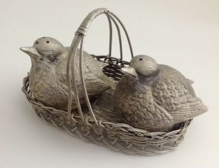 Vintage Metal Birds In A Basket Salt & Pepper Shakers