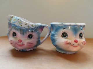 Vintage Lefton Miss Priss Kitty Kitten Cat Cream Sugar Bowl Set Mcm Esd Japan