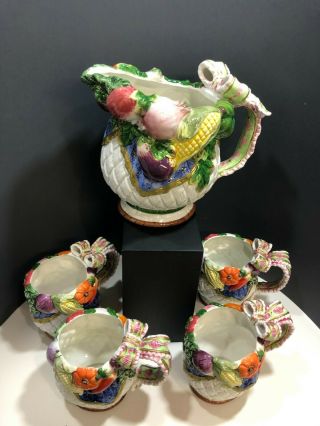 Vintage Fitz & Floyd Vegetable Garden Pitcher And Four (4) Mugs
