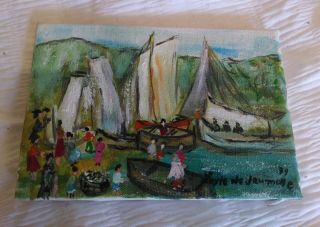 Vintage 1979 Lorle De Jaumotte Oil Painting Small 5x8 Beach Ships Boats Village