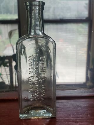 Tower City Pa Schuylkill Co Antique Aqua Bottle Dr.  Hawk Crystal Pharmacy