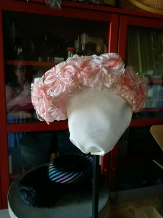 Vintage Pink Ladies Hat With Velvete Flowers And Net,  Bridesmaid Or Spring?