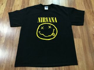 Large - Vtg Nirvana Smiley Face Flower Sniffin Kitty Pettin M&o Cotton T - Shirt