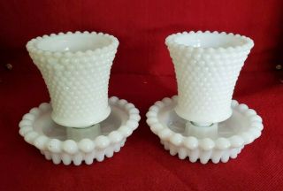 Vintage Hobnail White Milk Glass Low Candleholders With Votive Candle Cups