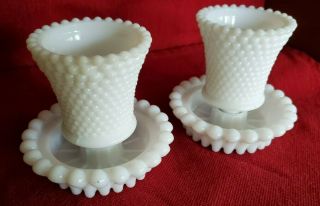 VINTAGE HOBNAIL WHITE MILK GLASS LOW CANDLEHOLDERS WITH VOTIVE CANDLE CUPS 2