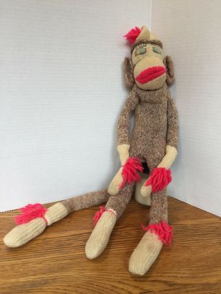 Vintage Sock Monkey Hand Made With Hat 11 " Sitting 20 " Tall