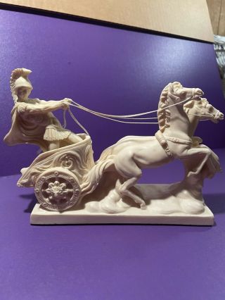 Vintage A.  Santini Figure Roman Gladiator Chariot And Horses Statue From Italy