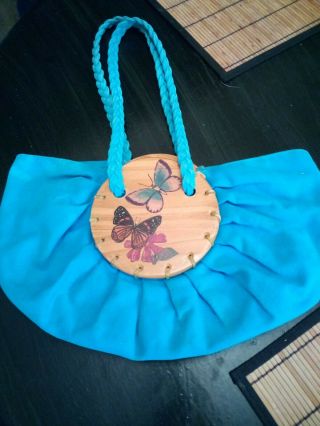 Vintage Blue Canvas Purse With Wooden Embellishment And Painted Butterflies