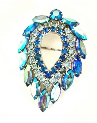 Vintage Silver Tone Blue Aurora Borealis Crystal Rhinestone Brooch Pin Jewelry