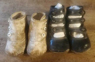 2 Pair Antique Victorian Baby Boots Button Up Leather Baby Or Doll Shoes