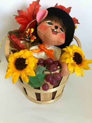 Annalee Doll Thanksgiving Harvest Centerpiece,  Mouse Pilgrim In A Tan Basket.