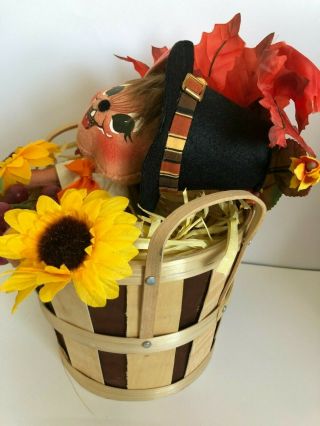 Annalee Doll Thanksgiving harvest centerpiece,  mouse pilgrim in a tan basket. 3