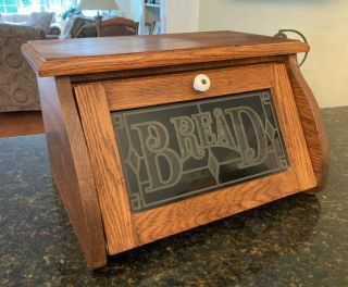 Vintage Solid Oak Wooden Bread Box Heavy Glass Raised Stenciled Design