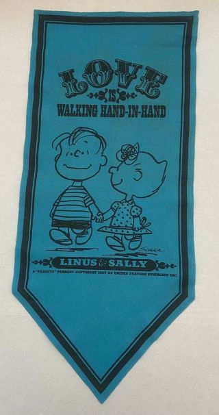 Vintage Peanuts Linus & Sally Blue Felt Pennant / Banner - " Love Is.  "