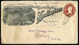 Battle Creek (michigan) Sanitarium Ad Cover Pmk 1910 Detroit To Berkeley Ca