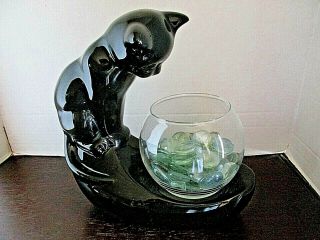 Vintage Mcm Royal Haeger Black Cat Pottery With Fish Bowl 9 " X 9 "