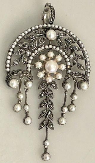 Vintage Art Deco Sterling Silver Marcasite & Faux Pearl Dangle Pin Signed Sr