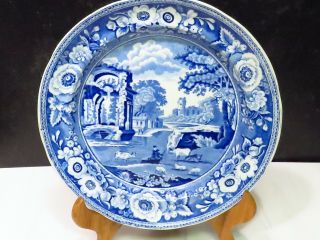 Antique 9.  75 " Blue Staffordshire Transferware Plates People Animals By A River