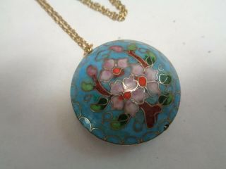 Vintage Large Double Sided Puff Round Flower Cloisonne Glass Pendant Necklace
