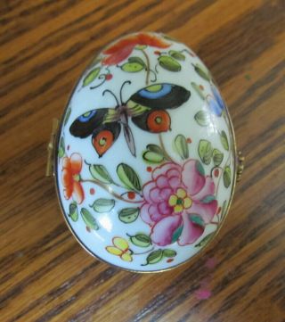 Vintage Small Limoges Porcelain Egg Shaped Trinket Box With Butterfly & Flowers