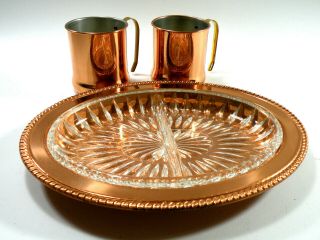 Vintage Copper Craft Guild Crystal Serving Tray And Coffee 2x Mugs - Near