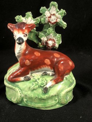 Rare Antique 18thc Staffordshire Pottery Deer Fawn In Bocage Figure