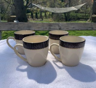 Set Of 4 Crate & Barrel Scavo 14 Oz Coffee Mugs Cups Tan & Brown Embossed