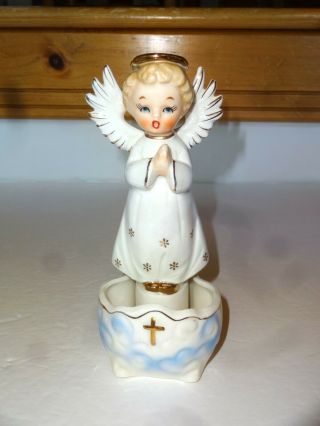 Vtg Ceramic Holy Water Font Praying Angel Blonde Hair Blue Eyes Art Made Japan