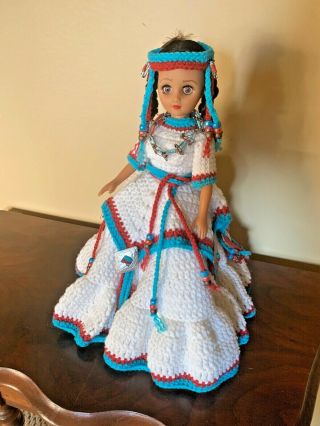 Native American Indian Girl Doll With Handmade Crocheted Dress 16 "