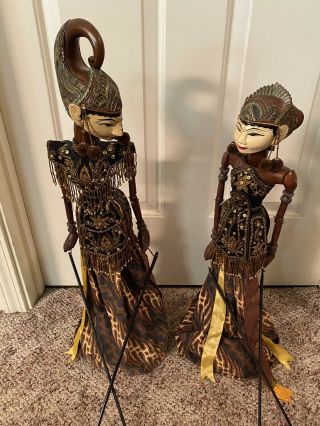 Vintage Wayang Golek Marionette Puppets From Java,  Set Of 2,  Hand Made,  Rare