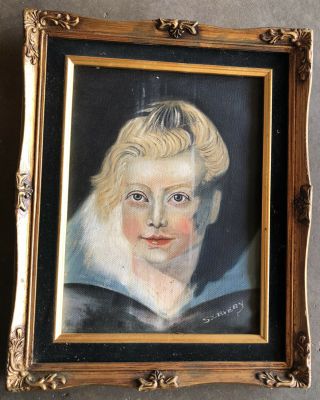 Vintage Portrait Of A Girl Oil On Velvet Wood Frame Signed Painting