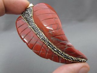 Vintage Chunky Red Jasper Marcasite Rhinestone Carved Leaf Pendant