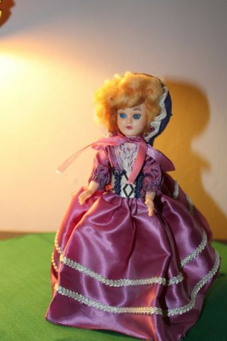 Vintage Moving Eye - Hard Plastic Doll,  8 Inches Tall Purple Dress,  White Shoes