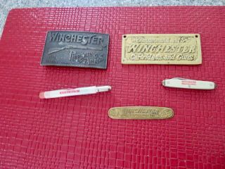 5 Vintage Winchester Items - Belt Buckle - Gun Store Sign - Pen Knife - Pencil Holder