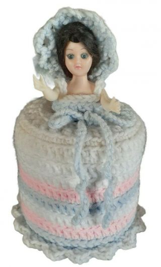 Vtg Doll Crochet Toilet Paper Cozy Cover White Pink Blue Mcm Retro Bath Decor