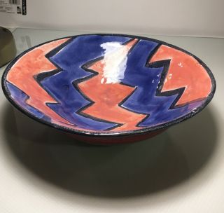 Vintage Handmade Hand Thrown Artisan Pottery Bowl Pink & Blue Glazed Signed 9 "